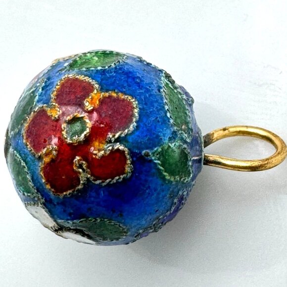 Cloisonne 2 Blue Color Beads 12 MM Red White Green Flowers Beads - Picture 8 of 8
